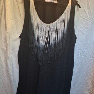 Roamans Plus Size Black & Tan Fringe Detailed Tunic Top 2X